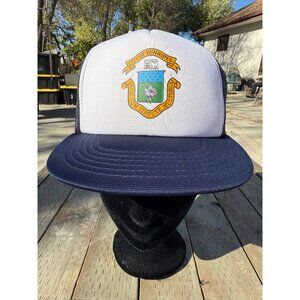 80s Vintage Trucker Cap Hat Snapback City of Winnipeg Crest Logo Blue White Gold